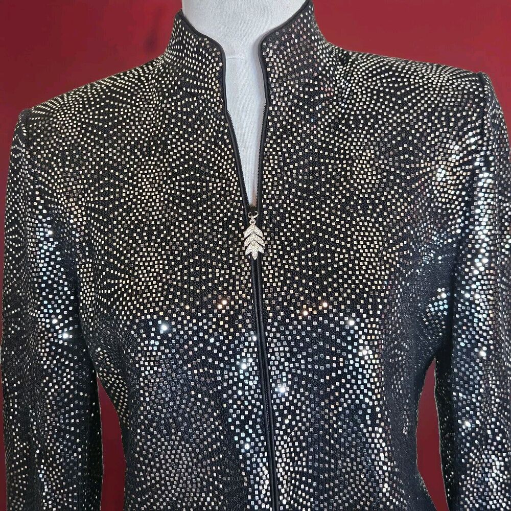 VTG RARE St. John Evening Sequin Zip Knit Jacket Silver / Black Womens Sz 4